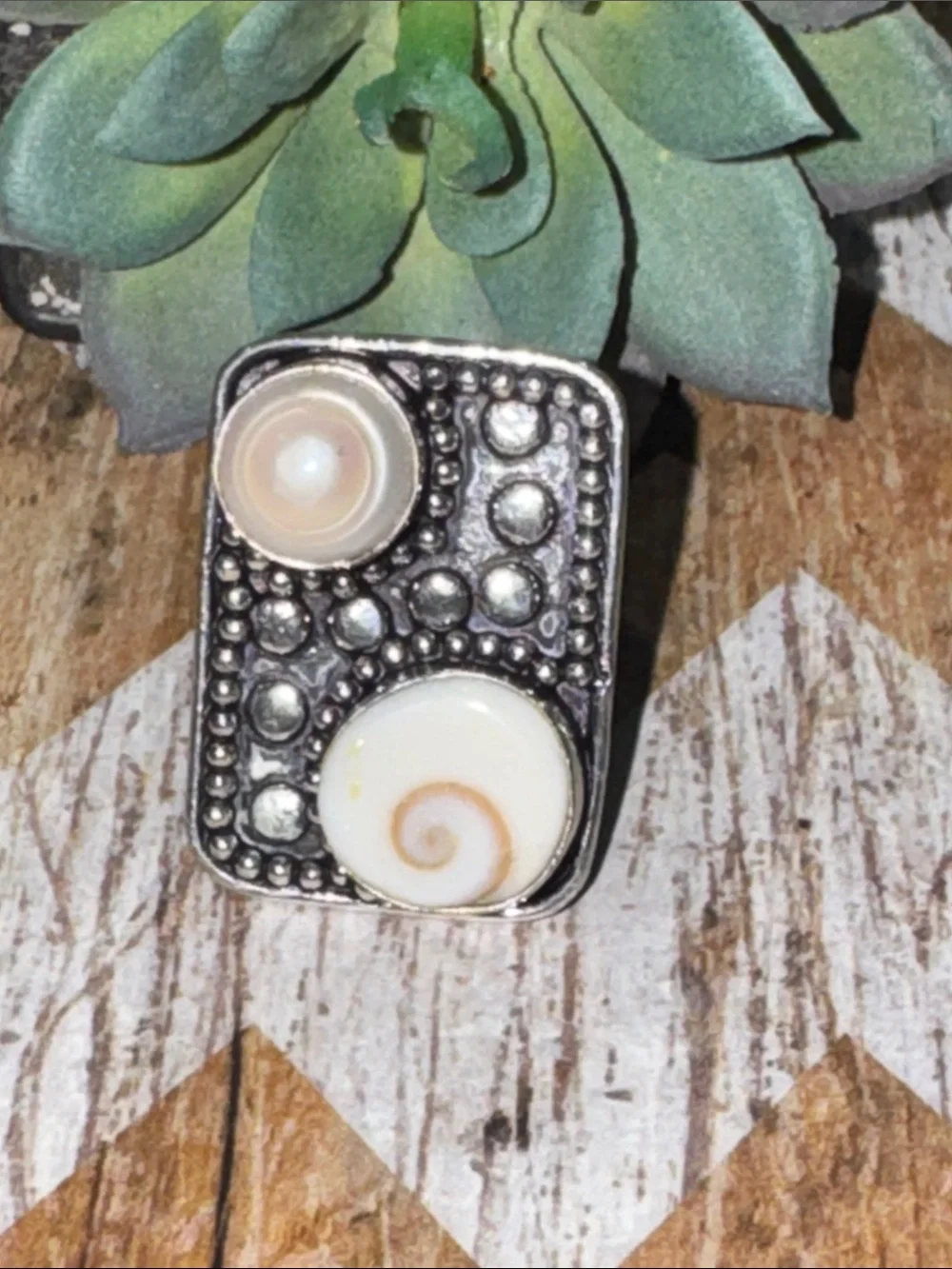 Silver Shell & Pearl Accent Ring
